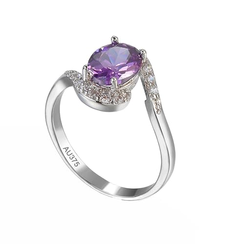 AMDXD 375 Weiß Gold Pärchen Ringe, Klassisch Freundschaftsringe mit Amethyst Lila, Moissanit Trauringe 9K, Echt Gold Schmuck, Gr.60 (19.1) von AMDXD