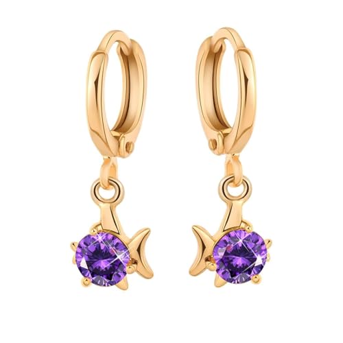AMDXD 750 Gold Ohrringe Echtes, Hoop Creole Fisch Ohrhänger mit Amethyst Lila, 18K Gelbgold Ohrringe Vintage von AMDXD