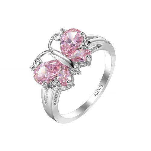 AMDXD 9 Karat 375 Weiß Gold Antragsring, rosa Kristall Schmetterling Ring Bandringe Freundschaftsringe Rosa, Eheringe Hochzeitsband 9K Gold, Echt Goldschmuck, Gr.48 (15.3) von AMDXD