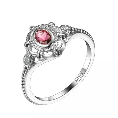 AMDXD 9 Karat 375 Weißgold Freundschaftsringe, Vintage Stil Verlobungsring mit Labor Erstellt Rubin Rose Rot, Moissanit Hochzeitsring 9K Gold, Echtschmuck, Gr.51 (16.2) von AMDXD