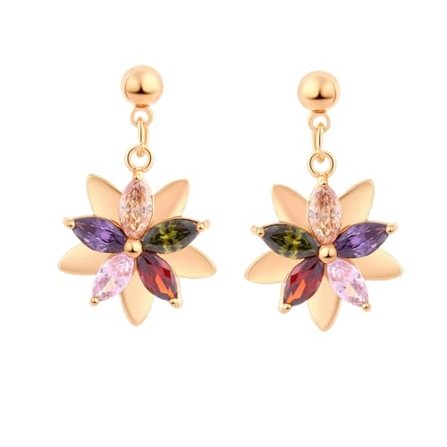 AMDXD 9 Karat Gelbgold Ohrringe Damen Echtschmuck, Blumen Ohrhänger mit Amethyst Rosa Kristall Granat Rubin Bunt Marquiseschliff, Au 375 Ohrringe Vintage von AMDXD