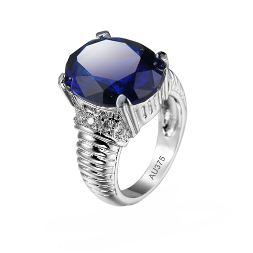 AMDXD 9 Karat Weiß Gold 375 Antragsring, Solitär Ring Pärchen Ringe Bandringe mit Aquamarin Dunkel Blau, Moissanit Bandringe Hochzeitsring 9K Gold, Echtschmuck, Gr.53 (16.9) von AMDXD