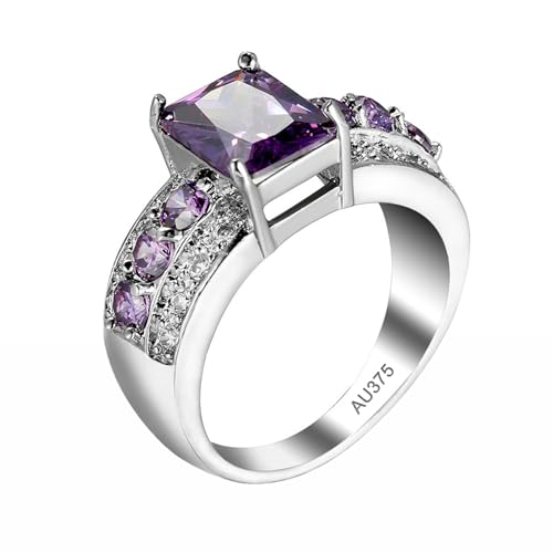 AMDXD 9 Karat Weiß Gold 375 Pärchen Ringe, Breiter Ring Eheringe mit Amethyst Lila, Moissanit Trauringe 9K Gold, Echtschmuck, Gr.52 (16.6) von AMDXD