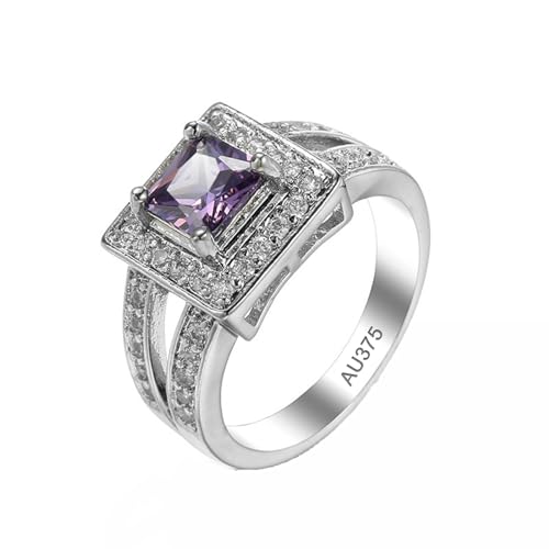 AMDXD 9 Karat Weiß Gold Solitärring, Groß Hochzeitsring mit Amethyst Lila, Moissanit Trauringe Au375 Gold, Echt Gold, Gr.56 (17.8) von AMDXD