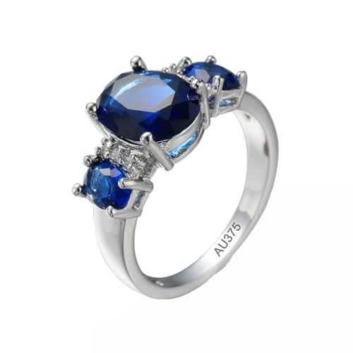 AMDXD 9 Karat Weiß Gold Verlobungsring, Empfindlich Pärchen Ringe mit Aquamarin Blau, Eheringe Au375 Gold, Echter Schmuck, Gr.52 (16.6) von AMDXD