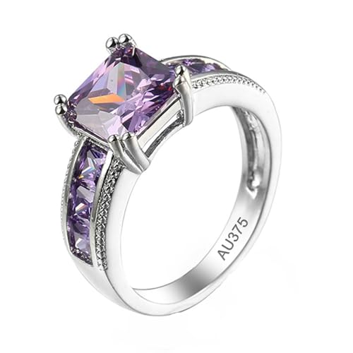 AMDXD 9 Karat Weißgold 375 Antragsring, Elegant Bandringe Hochzeitsring mit Amethyst Lila, Amethyst Hochzeitsband Trauringe 9K Gold, Echtschmuck, Gr.66 (21.0) von AMDXD