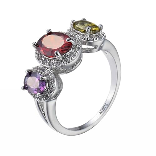 AMDXD 9 Karat Weißgold Antragsring, 4 Klauen Partnerringe Eheringe mit Labor Erstellt Rubin Peridot Amethyst Bunt, Moissanit Bandringe 9K Gold, Echt Goldschmuck, Gr.54 (17.2) von AMDXD