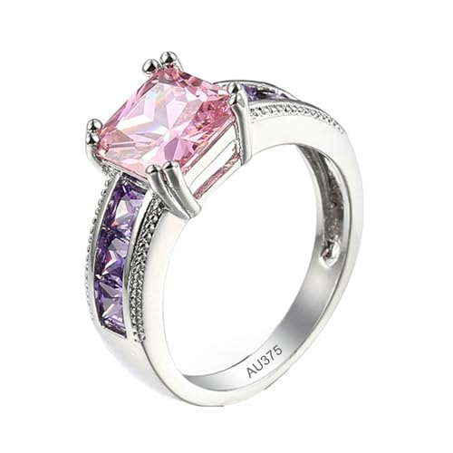 AMDXD 9 Karat Weißgold Au375 Verlobungsring, Elegant Freundschaftsringe mit rosa Kristall Rosa, Amethyst Partnerringe 9K Gold, Echt Schmuck, Gr.66 (21.0) von AMDXD