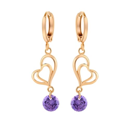 AMDXD 9K 375 Gelbgold Frauen Ohrringe Echtschmuck, Doppelt Herz Ohrhänger mit Amethyst Lila, Au375 Gold Ohrringe Hängend von AMDXD