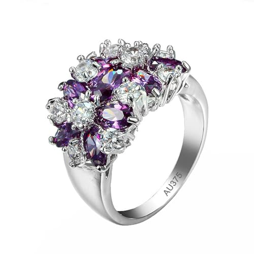 AMDXD 9K 375 Weißgold Verlobungsring, Amethyst Glanz Blume Ring Hochzeitsband Eheringe Lila, Moissanit Trauringe Bandringe Au375 Gold, Echt Goldschmuck, Gr.51 (16.2) von AMDXD