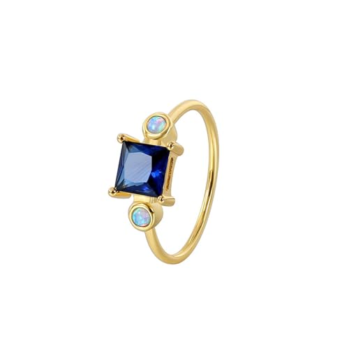 AMDXD 9K Au375 Gelbgold Freundschaftsringe, Verlobungsring Geometrisch mit Labor Erstellt Saphir Quadratschliff Blau, Hochzeitsring mit Opal 375 Gold Echt Schmuck, Gr.61 (19.4) von AMDXD