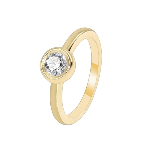 AMDXD 9K Gelbgold Freundschaftsringe, Solitärring Solitär Klassiker mit Moissanit Rundschliff Weiß, Ring Au 375 Echtes, Gr.51 (16.2) von AMDXD
