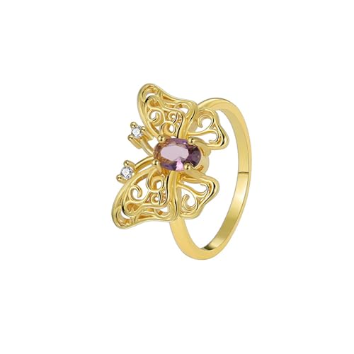 AMDXD 9K Gelbgold Hochzeitsring, Schmetterling Pärchen Ringe mit Amethyst Ovalschliff Lila, Echt Partnerringe mit Moissanit Au 375, Gr.62 (19.7) von AMDXD