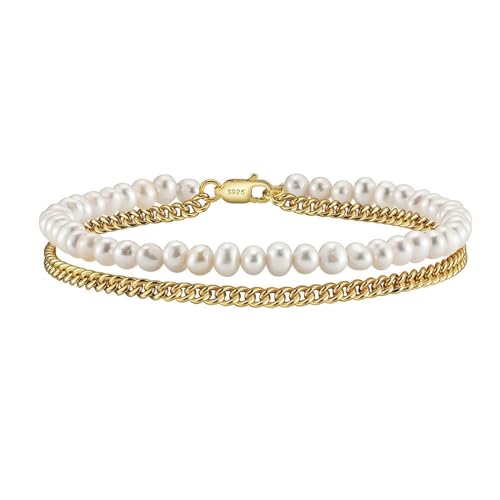 AMDXD Armband 925 Silber, Silber S925 Freundschafts Armband Armreif Doppel Ketten mit Perlen, Gold Armband Frauen Perlenarmband, 20CM von AMDXD