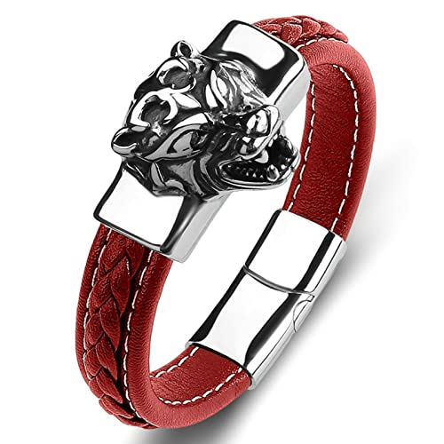 AMDXD Armreif Familie, PU Leder Pärchen Armband Tiger Party Armbänder Rot Armschmuck Edelstahl mit Magnet Verschluss, Länge 18.5cm BFF Geschenke von AMDXD