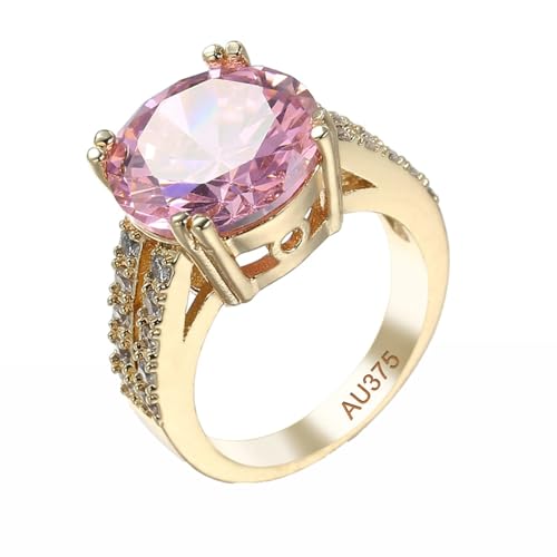 AMDXD Au375 Gelbgold Verlobungsring, Elegant Hochzeitsring mit rosa Kristall Rosa, Moissanit Partnerringe 9K Gold, Echt Gold, Gr.56 (17.8) von AMDXD