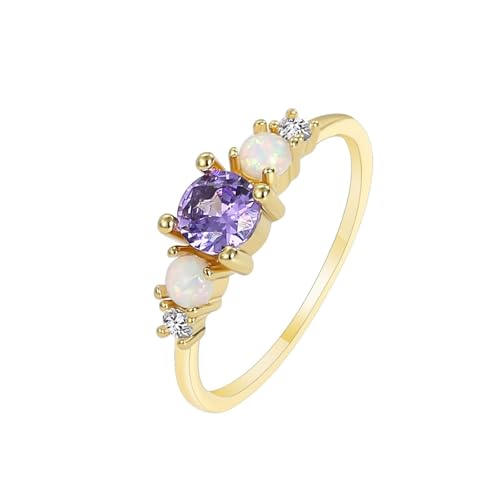 AMDXD Au375 Gold Eheringe Echte Goldschmuck, Antragsring Klassiker mit Amethyst Rundschliff Lila, Verlobungsring mit Opal 9K Gelbgold, Gr.58 (18.5) von AMDXD