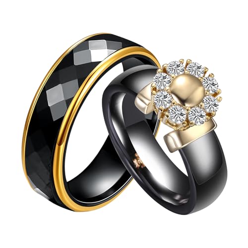 AMDXD Damen Trauringe Paare Ringe, 6.5mm Breit Keramik Partnerringe Verlobungsring Hochzeitsring Band Ring mit Weiß Zirkonia, Geschenk für Ehefrau Mann Freundin Freund, Schwarz Gold, Gr.54 (17.2) von AMDXD