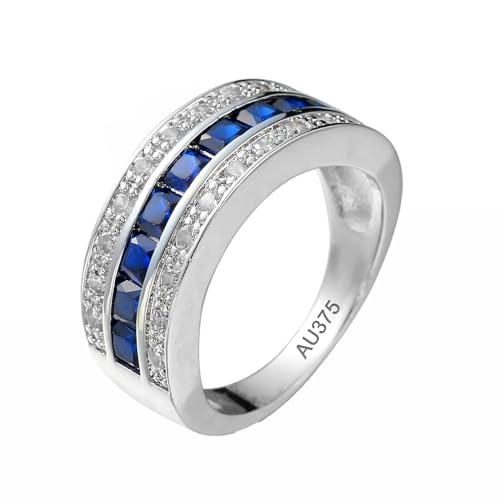 AMDXD Echt Gold Schmuck Freundschaftsringe Weißgold 9 Karat, 3 ReihenKlassiker Partnerringe mit Labor Erstellt Saphir Blau, Moissanit Ring Au375 Gold, Gr.53 (16.9) von AMDXD