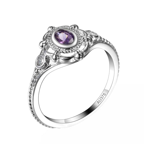 AMDXD Echt Gold Solitärring Weißgold Au375 9 Karat, Vintage Stil Partnerringe mit Amethyst Lila, Moissanit Pärchen Ringe 9K Gold, Gr.61 (19.4) von AMDXD