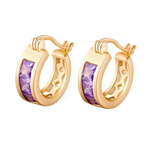 AMDXD Echt Goldschmuck Damenohrringe 14K Gelbgold, Klassiker Creolen mit Amethyst Lila Quadratschliff, Ohrringe Hängend Au 585 von AMDXD