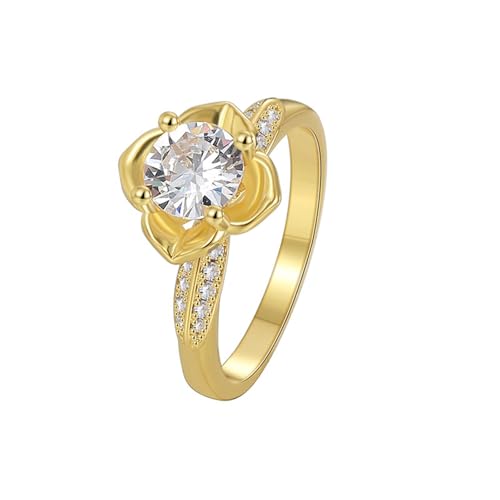 AMDXD Echt Goldschmuck Hochzeitsring 14 Karat Gold, Verlobungsring Blumen mit Moissanit Rundschliff Weiß, Freundschaftsringe Au 585, Gr.61 (19.4) von AMDXD