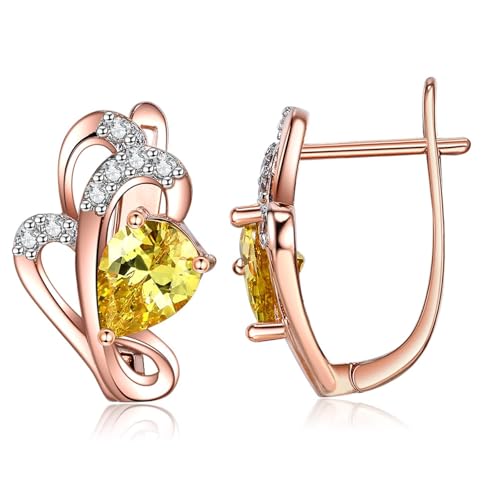 AMDXD Echt Ohrringe Damen 9 Karat Rotgold Au375, Blumen Creolen mit Citrin Gelb Tropfenschliff, Diamant Ohrringe Jugendstil 9K Rosegold von AMDXD