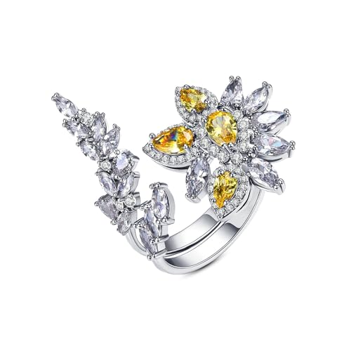 AMDXD Echt Partnerringe Weißgold 18 Karat Au750, Blumen Pärchen Ringe mit Citrin Weiß Gelb Tropfenschliff, Moissanit Trauringe 18K Gold, Gr.60 (19.1) von AMDXD
