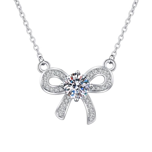 AMDXD Echt Schmuck Halskette Damen Hochzeit Weißgold 9 Karat 375, Hohl Bowknot 4 Steg-Krappenfassung Frau Ketten mit Labor Erstellt Diamant, Damenkette 9K Gold, 45+5cm von AMDXD