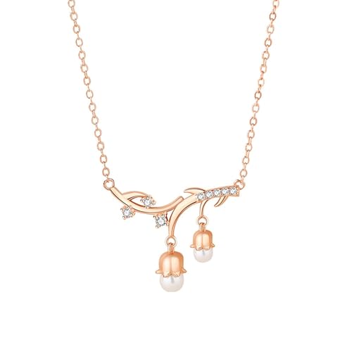 AMDXD Echt Schmuck Halskette Damen Vintage Rosegold 14K Au585, Anhänger Damenkette Maiglöckchen mit Perle Rundschliff Weiß, Kette Frauen mit Moissanit 585 Gold, 40+5CM AMDXD Echt Schmuck Halskette Damen Vintage Rosegold 14K Au585, Anhänger Damenkette Maiglöckchen mit Perle Rundschliff Weiß, Kette Frauen mit Moissanit 585 Gold, 40+5CM von AMDXD