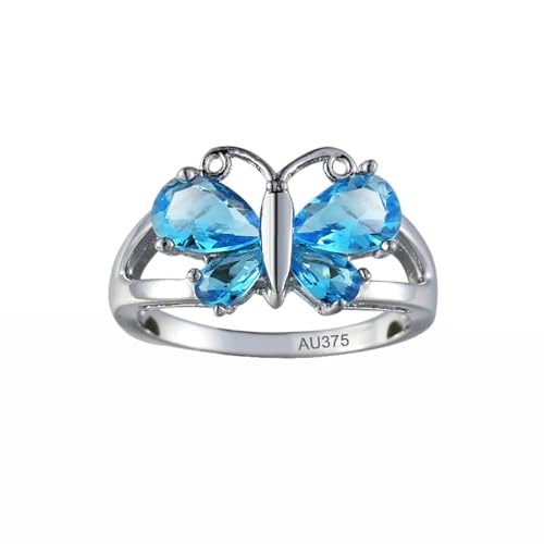 AMDXD Echt Schmuck Solitärring 9K Au375 Weißgold, Schmetterling Trauringe mit Topas Blau, Pärchen Ringe Gold 375, Gr.63 (20.1) von AMDXD