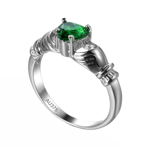 AMDXD Echt Schmuck Verlobungsring Weiß Gold 9 Karat, Claddagh-Hand Partnerringe Hochzeitsband mit Labor Erstellt Smaragd Grün, Pärchen Ringe Freundschaftsringe Au375 Gold, Gr.49 (15.6) von AMDXD