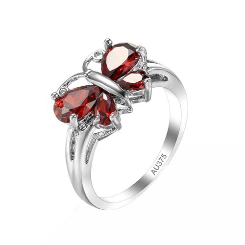 AMDXD Echte Goldschmuck Hochzeitsring 9 Karat 375 Weiß Gold, Schmetterling Ring Pärchen Ringe mit Labor Erstellt Rubin Rot, Verlobungsring 9K Gold, Gr.69 (22.0) von AMDXD