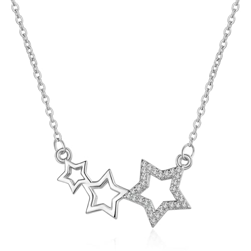 AMDXD Echte Goldschmuck Kette Damen mit Anhänger 375 Weißgold, Stern Halskette Frauen mit Labor Erstellt Diamant, Damenkette 9K, 45+5cm von AMDXD