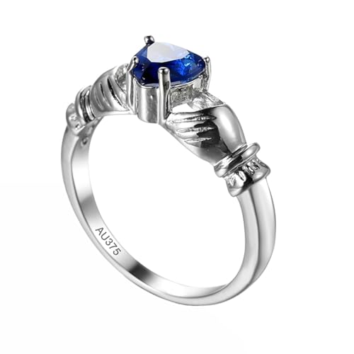 AMDXD Echter Schmuck Antragsring 9K Weißgold, Claddagh-Hand Verlobungsring Bandringe mit Labor Erstellt Saphir Blau, Hochzeitsband Verlobungsring Au375 Gold, Gr.61 (19.4) von AMDXD