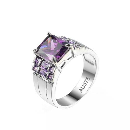 AMDXD Echter Schmuck Antragsring Weißgold 375, Breiter Ring Partnerringe Hochzeitsband mit Amethyst Lila, Amethyst Pärchen Ringe Partnerringe 9K, Gr.57 (18.1) von AMDXD