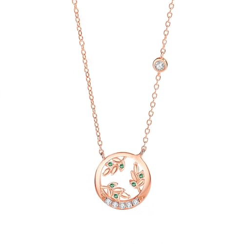 AMDXD Echter Schmuck Kette Damen Jahrestag 375 Rose Gold, Anhänger Damenkette Blatt Kreis mit Labor Erstellt Smaragd Rundschliff Blau, Halskette Frauen mit Moissanit 9K Gold, 40+5CM von AMDXD