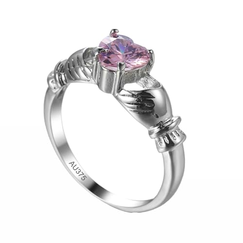 AMDXD Echter Schmuck Partnerringe 9K Weiß Gold, Claddagh-Hand Hochzeitsring mit rosa Kristall Rosa, Freundschaftsringe Au375 Gold, Gr.53 (16.9) von AMDXD