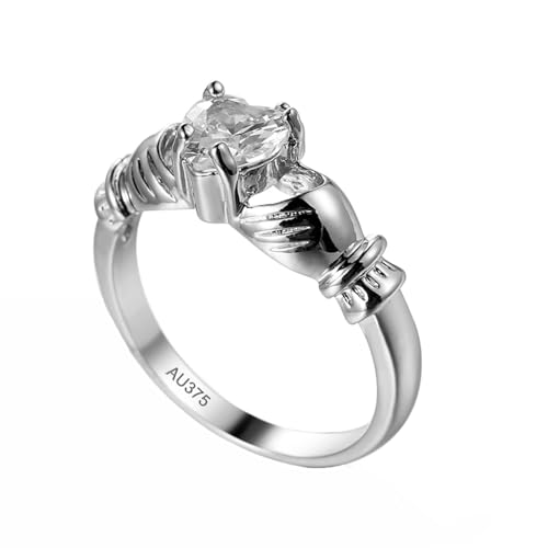 AMDXD Echter Schmuck Solitärring 9K Weißgold 375, Claddagh-Hand Hochzeitsring mit Labor Erstellt Diamant, Partnerringe Au375 Gold, Gr.53 (16.9) von AMDXD