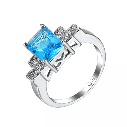 AMDXD Echter Schmuck Solitärring Weiß Gold 375 9 Karat, Empfindlich Pärchen Ringe mit Aquamarin Blau, Eheringe 9K Gold, Gr.56 (17.8) von AMDXD