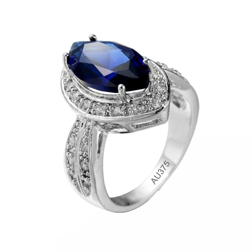 AMDXD Echter Schmuck Verlobungsring 9 Karat Weißgold Au375, Vintage Freundschaftsringe mit Aquamarin Blau, Moissanit Partnerringe 9K Gold, Gr.61 (19.4) von AMDXD