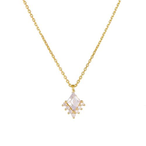 AMDXD Echtes Damen Halskette Modeschmuck 9K Gold 375, Damenkette Anhänger Klassiker mit Moissanit Rhombus Weiß, Kette Frauen Gelbgold Au375, 40+5CM von AMDXD