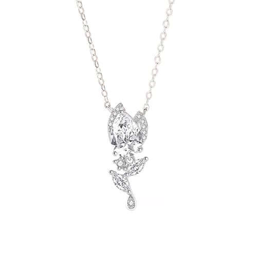 AMDXD Echtes Halskette Damen Vintage 9K Weißgold Au375, Anhänger Damenkette Tulpe mit Moissanit Tropfenschliff Weiß, Kette Frauen Gold 375, 40+5CM von AMDXD