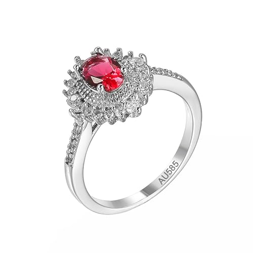 AMDXD Echtgold Schmuck Verlobungsring 14 Karat Weißgold Au585, Blume Solitärring Rot, 14K Gold Moissanit Partnerringe, Gr.52 (16.6) von AMDXD