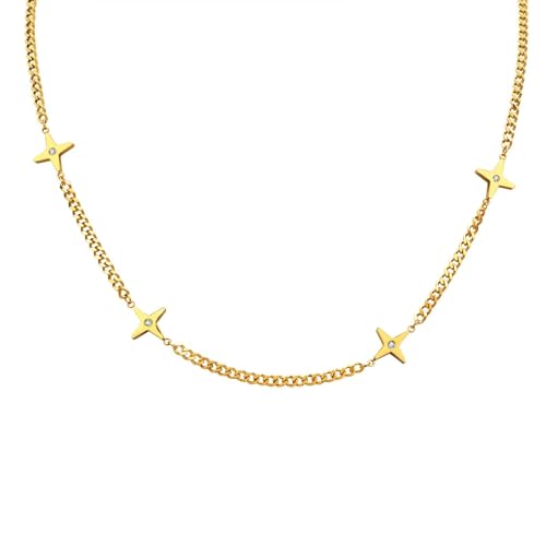 AMDXD Frauen Halsketten, Edelstahl Panzerkette mit Stern Anhänger Standardgliederkette, Damen Gold Ketten mit Zirkonia, 52 CM von AMDXD