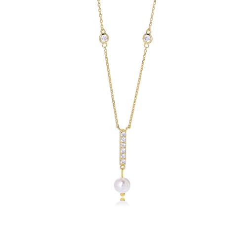 AMDXD Gelbgold 14 Karat Damen Kette Anhänger, Damenkette Anhänger Klassiker mit Perle Rundschliff Weiß, Halskette Frauen mit Moissanit Au 585 Echter Schmuck, 40+5CM von AMDXD