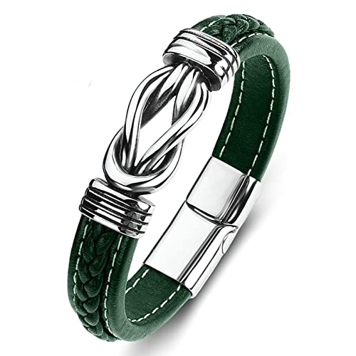 AMDXD Geschenk Für Männer Armbänder Herren Leder, Lederarmband Herren Knot Herren Lederarmband Gravur Silber Grün Handhandgelenk Kette Edelstahl mit Magnet Verschluss, Länge 18.5cm von AMDXD