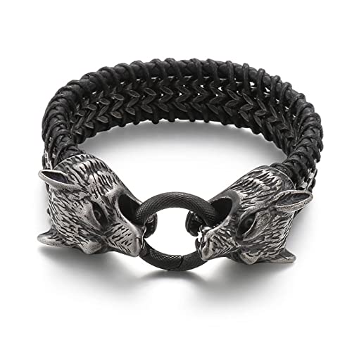 AMDXD Geschenk Für Männer Bettelarmband Herren, PU Leder Armbänder Kinder Wolf Punk Armbänder Schwarz Armschmuck Edelstahl mit Magnet Verschluss, Länge 23cm von AMDXD