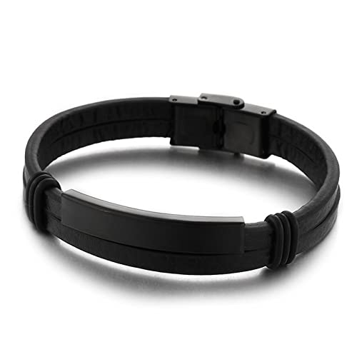 AMDXD Geschenke Für Männer Armband Herren, Armreifen Herren Leder 2 Schichten Dog Tag Stretcharmband Schwarz Handhandgelenk Kette Edelstahl mit Sicherheitsverschluss, Länge 20cm von AMDXD