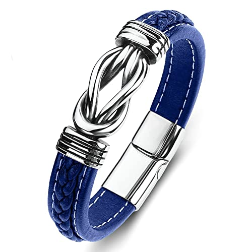 AMDXD Geschenke Für Männer Wickelarmband, PU Leder Herren Armband Gravur Knot Armband Leder Herren Silber Blau Armschmuck Edelstahl mit Magnet Verschluss, Länge 20cm von AMDXD